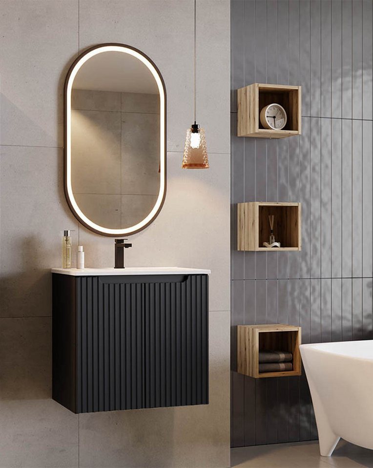 einfachgutemoebel Waschtisch-Set Bad-Set ILUNA Black 60cm Türen, 5-tlg Einbaubecken, schwarz-oak, (Badmöbel Set, 1-St., Waschtisch Unterschrank) von einfachgutemoebel