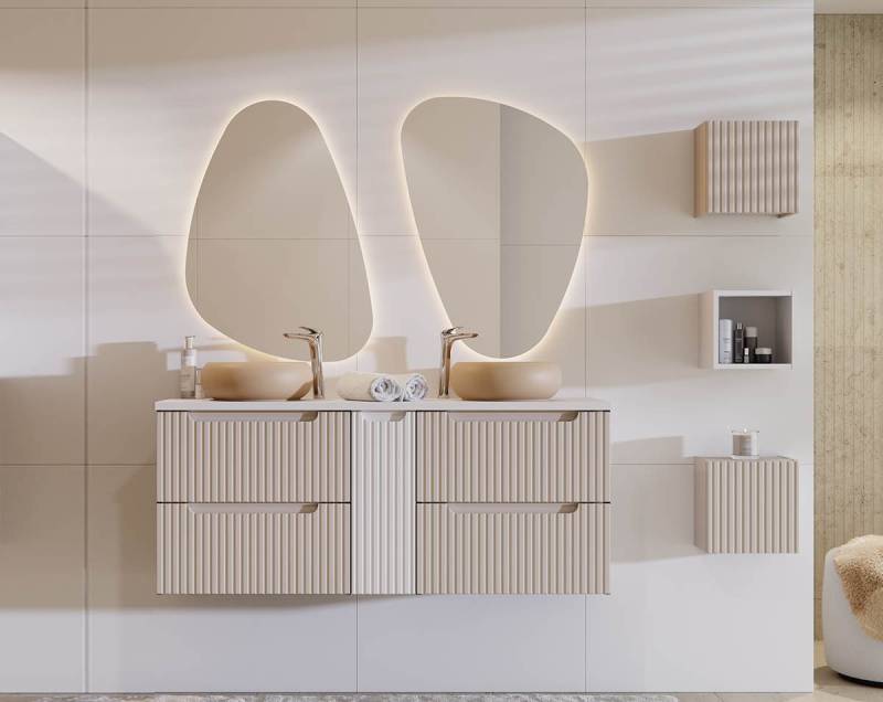 einfachgutemoebel Waschtisch-Set Bad-Set ILUNA Cash 140cm Schubladen, 6-tlg Aufsatzbecken, Kaschmir, (Badmöbel Set, 1-St., Badmöbel Set) von einfachgutemoebel