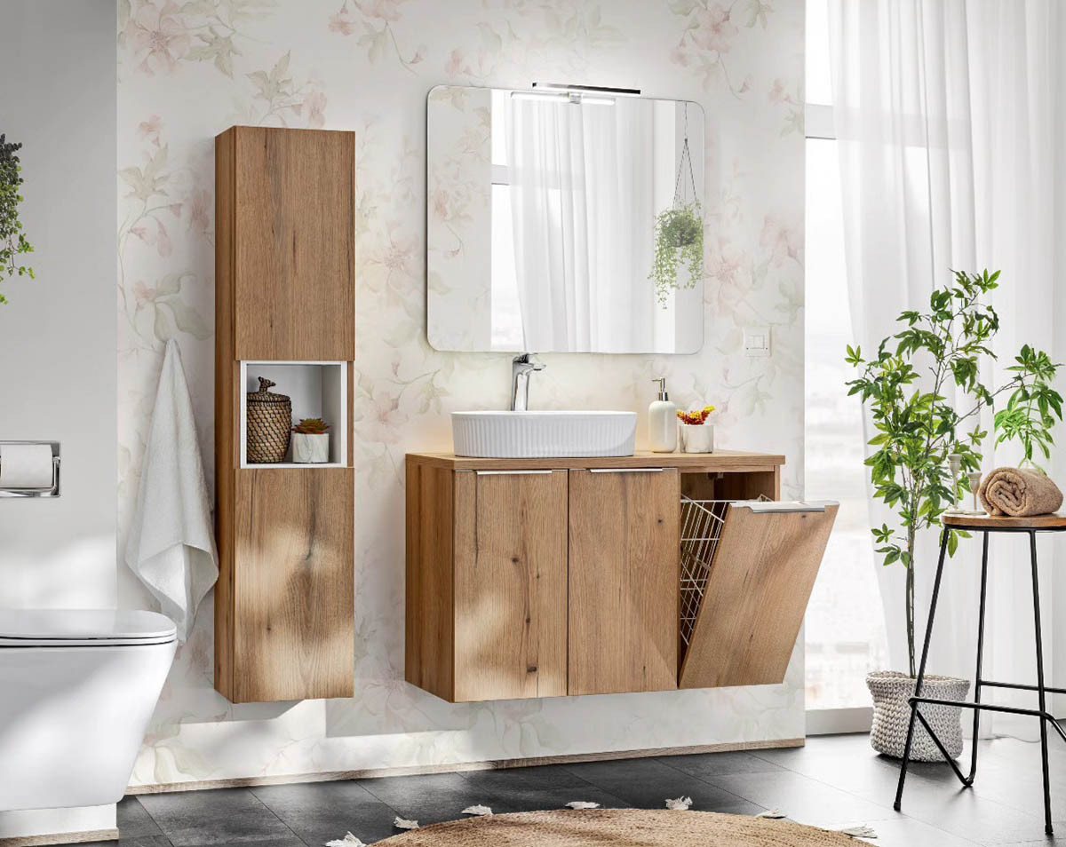 einfachgutemoebel Waschtisch-Set Bad-Set ILUNA Oak 100cm Türen, 3-tlg Wäscheklappe, eiche-white, (Badmöbel Set, 1-St., Waschtisch Unterschrank) von einfachgutemoebel