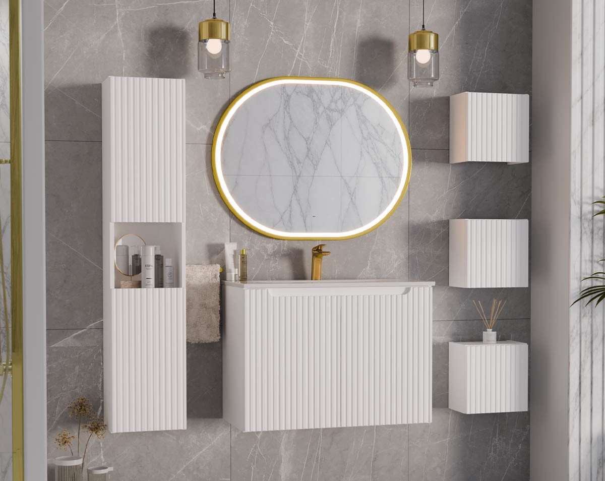 einfachgutemoebel Waschtisch-Set Bad-Set ILUNA White 80cm Türen, 6-tlg Einbaubecken, weiß, (Badmöbel Set, 1-St., Waschtisch Unterschrank) von einfachgutemoebel