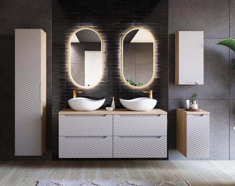 einfachgutemoebel Waschtisch-Set Bad-Set OZEAN Achat 120cm Schubladen, 6-tlg Aufsatzbecken, beige-oak, (Badmöbel Set, 1-St., Waschtisch Unterschrank) von einfachgutemoebel