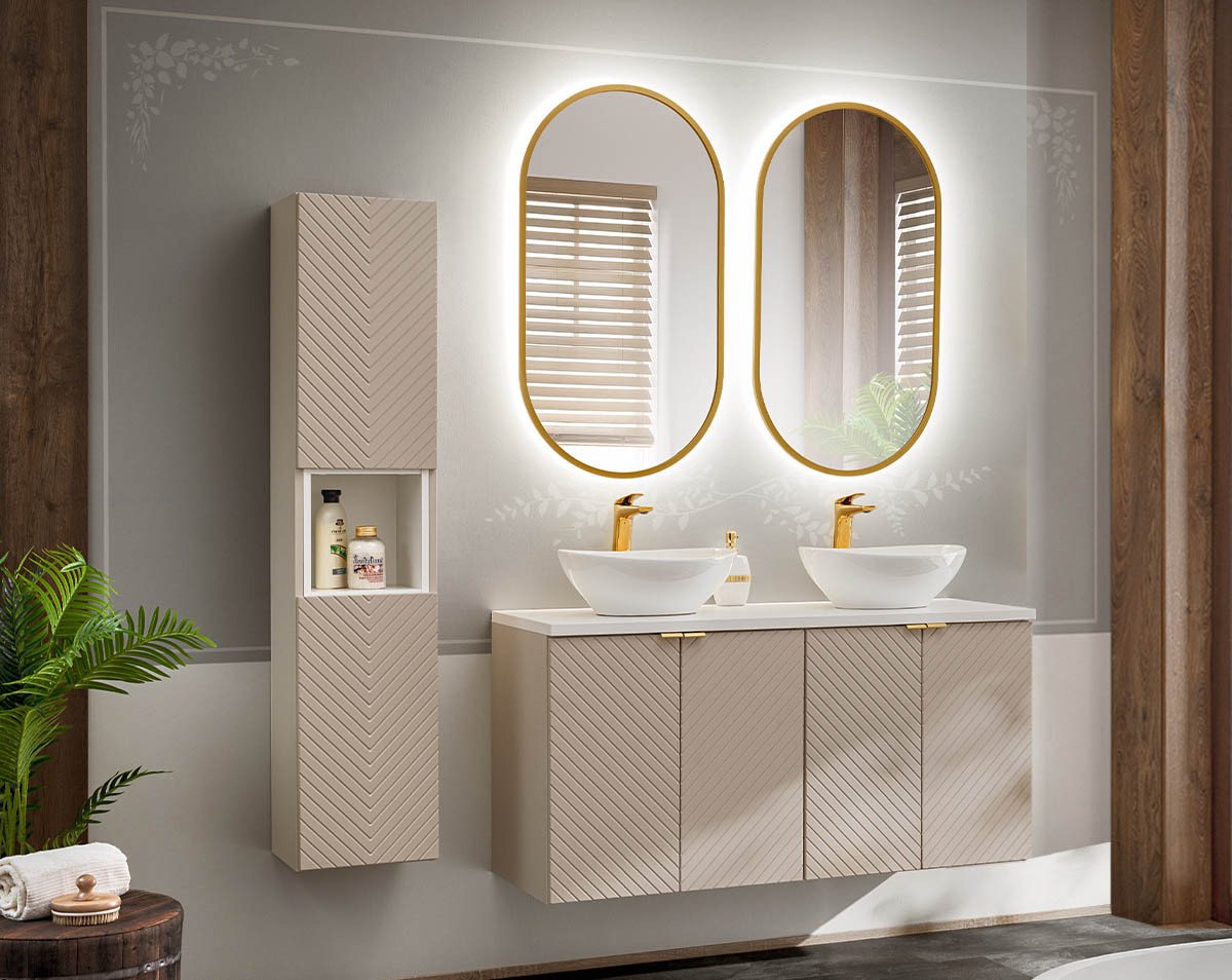 einfachgutemoebel Waschtisch-Set Bad-Set QUERRO 120cm Türen, 4-tlg Aufsatzbecken wh, kaschmir-white, (Badmöbel Set, 1-St., Waschtisch Unterschrank) von einfachgutemoebel