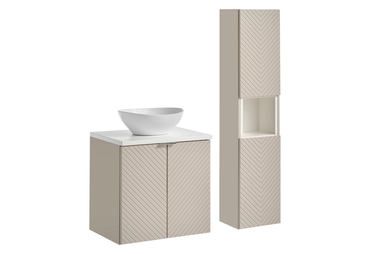 einfachgutemoebel Waschtisch-Set Bad-Set QUERRO 60cm Türen, 2-tlg Aufsatzbecken wh, kaschmir-white, (Badmöbel Set, 1-St., Waschtisch Unterschrank) von einfachgutemoebel