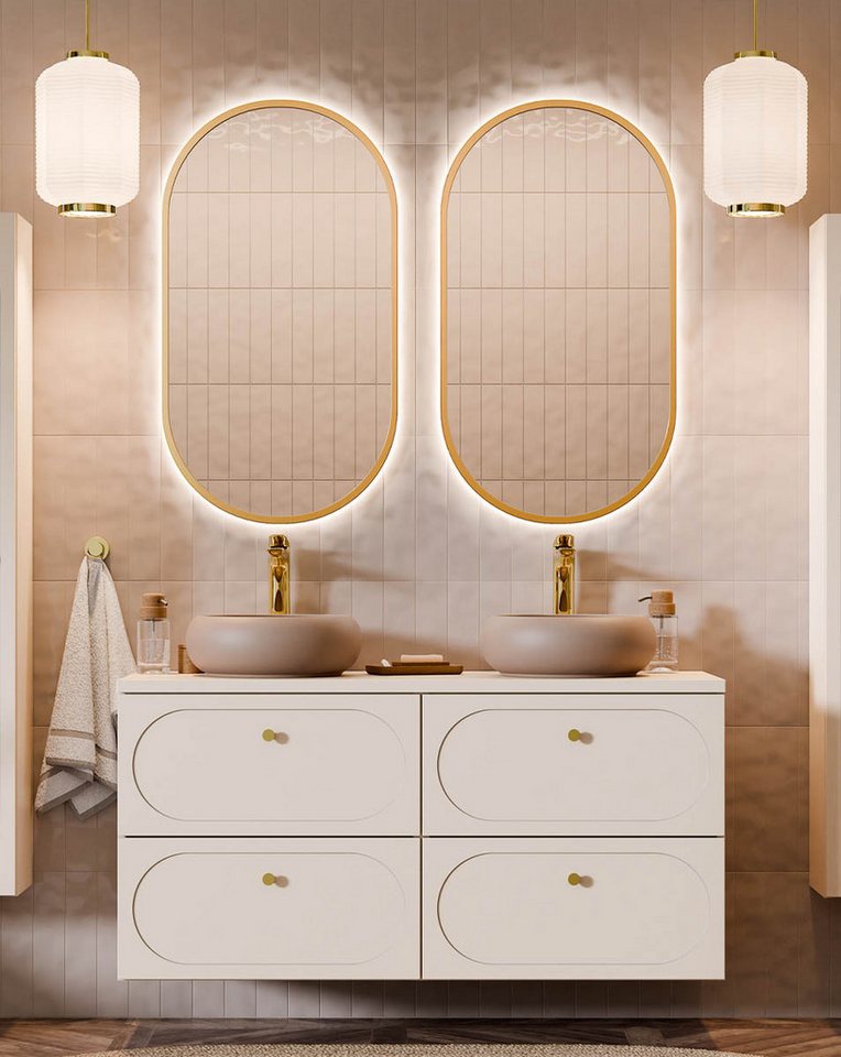 einfachgutemoebel Waschtisch-Set Bad-Set SANDY 120cm Schubfächer, 3-tlg Aufsatzbecken beige, beige, (Badmöbel Set, 1-St., Waschtisch Unterschrank) von einfachgutemoebel