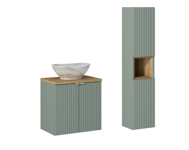 einfachgutemoebel Waschtisch-Set Bad-Set Waschplatz LINETTE 60cm mit Türen, 2-tlg Becken Ob oak, grün, (Badmöbel Set, 1-St., Waschtisch Set 2-teilig) von einfachgutemoebel