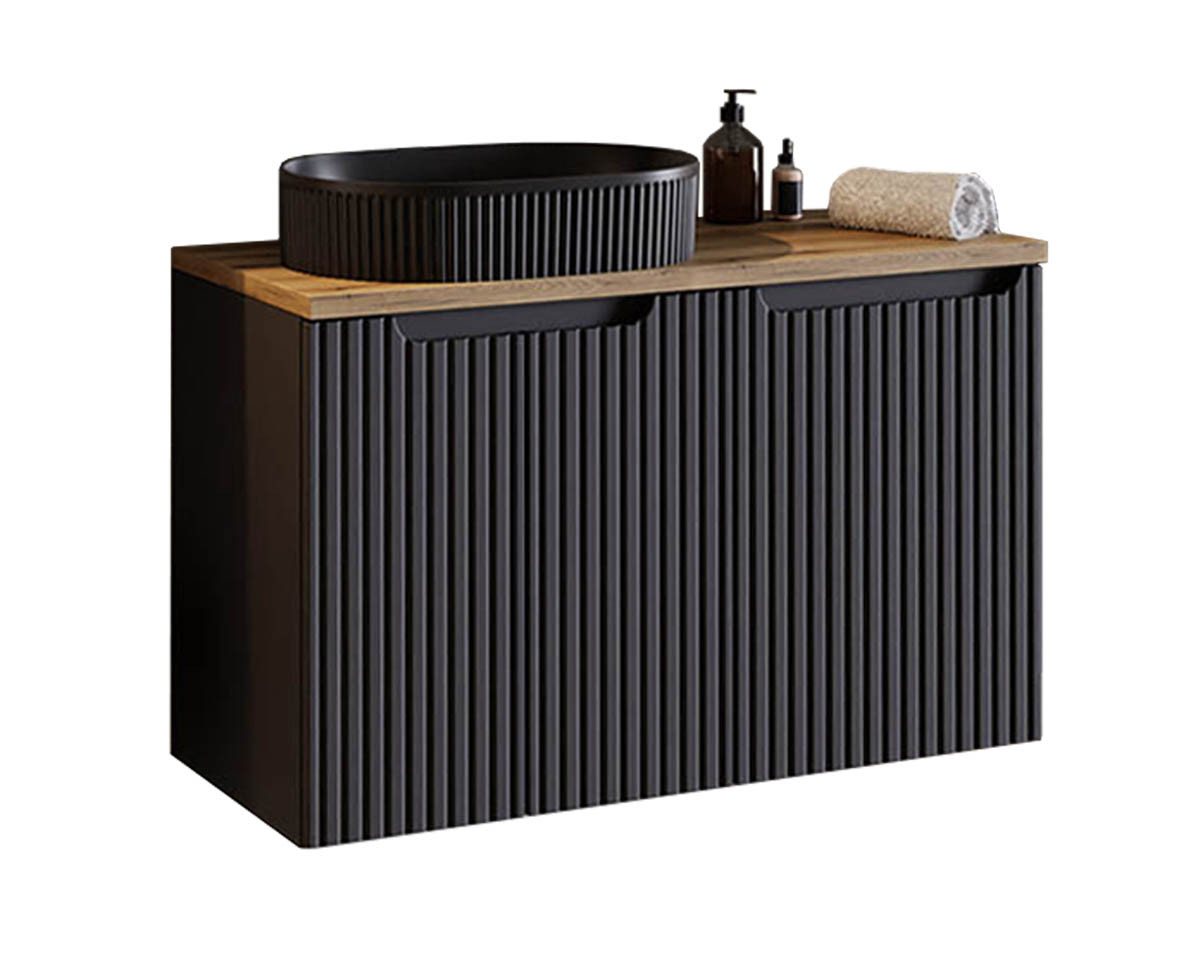 einfachgutemoebel Waschtisch-Set Bad Waschplatz ILUNA Black 100cm mit Türen, Wäschefach, schwarz-oak, (Badmöbel Set, 1-St., Waschtisch Unterschrank) von einfachgutemoebel