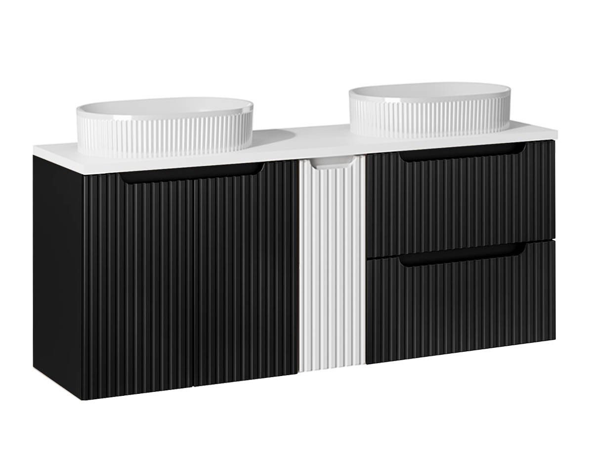 einfachgutemoebel Waschtisch-Set Bad Waschplatz ILUNA Black 140cm Schub & Türen, Becken, schwarz wht, (Badmöbel Set, 1-St., Waschtisch Unterschrank) von einfachgutemoebel