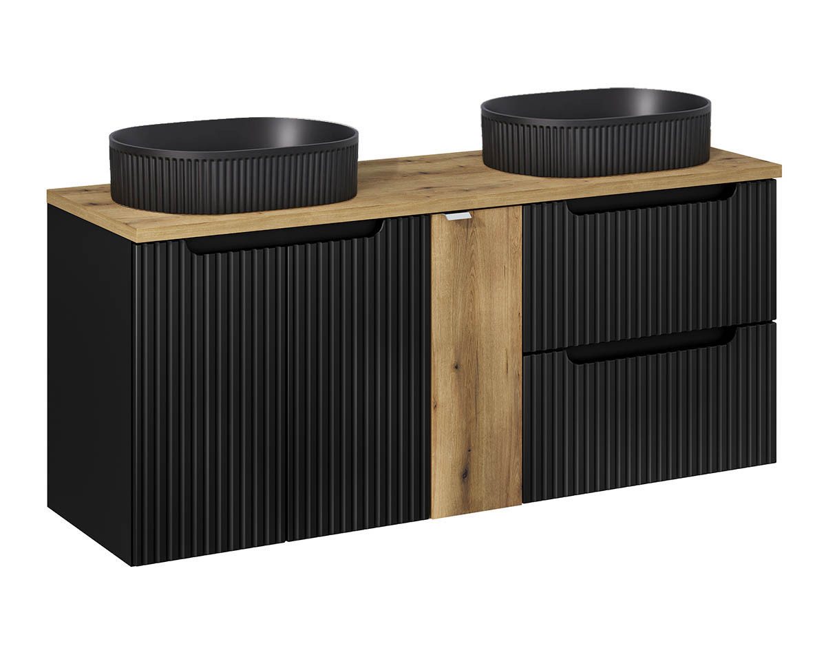 einfachgutemoebel Waschtisch-Set Bad Waschplatz ILUNA Black 140cm Schub & Türen, Becken blk, schwarz, (Badmöbel Set, 1-St., Waschtisch Unterschrank) von einfachgutemoebel