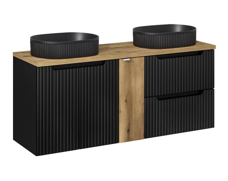 einfachgutemoebel Waschtisch-Set Bad Waschplatz ILUNA Black 140cm Schub & Türen, Becken blk, schwarz, (Badmöbel Set, 1-St., Waschtisch Unterschrank) von einfachgutemoebel