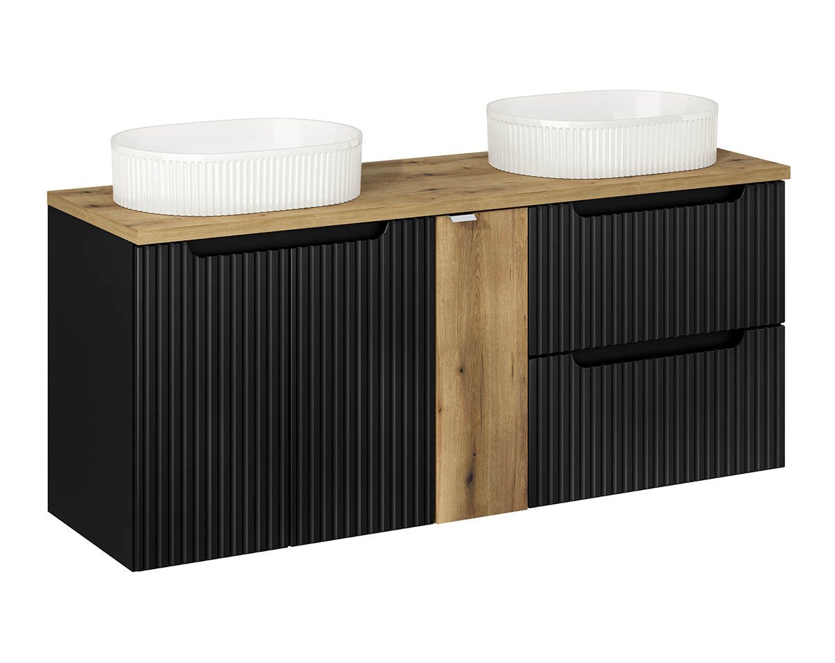einfachgutemoebel Waschtisch-Set Bad Waschplatz ILUNA Black 140cm Schub & Türen, Becken weiß, schwarz, (Badmöbel Set, 1-St., Waschtisch Unterschrank) von einfachgutemoebel
