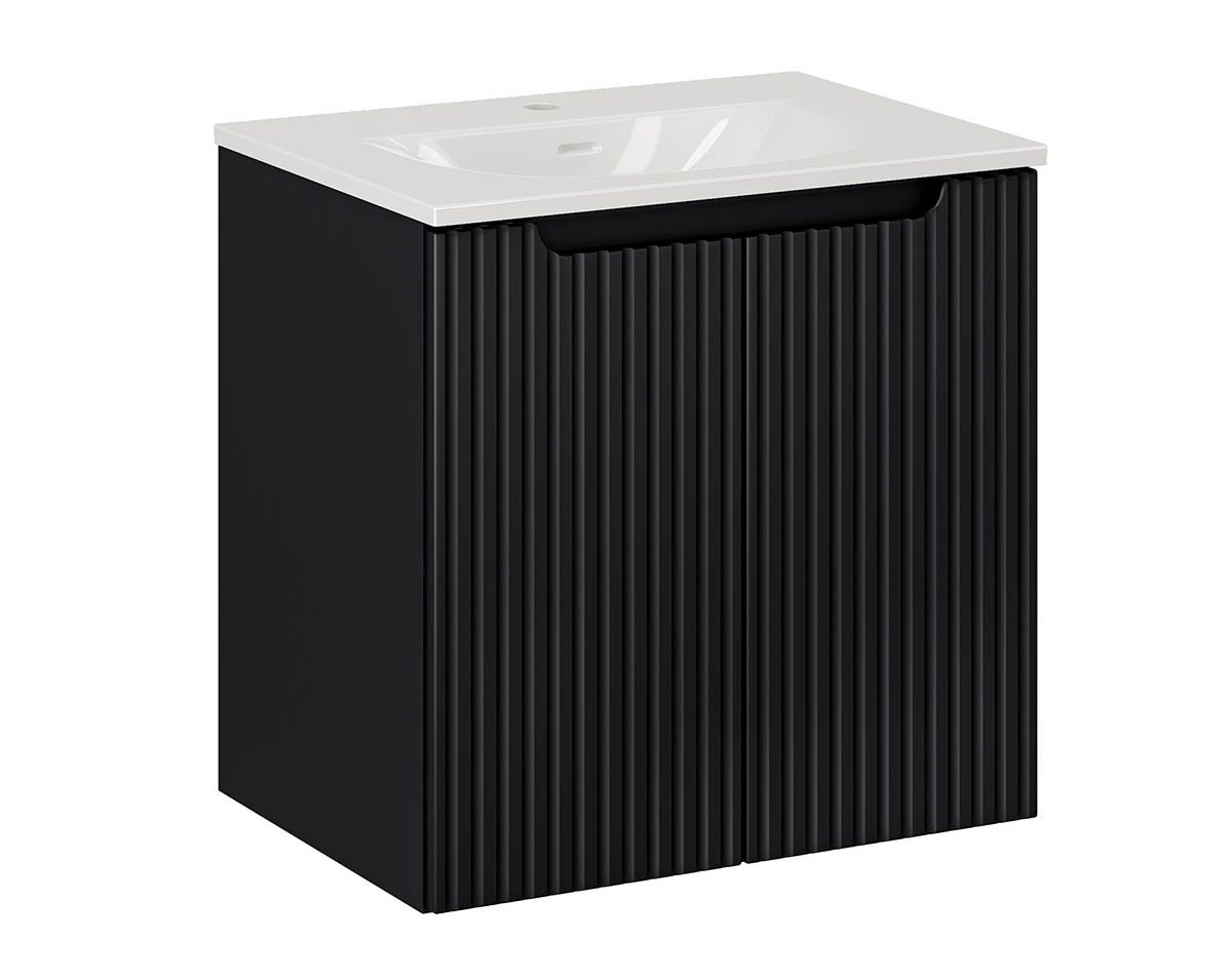 einfachgutemoebel Waschtisch-Set Bad Waschplatz ILUNA Black 60cm mit Türen, Einbaubecken wht, schwarz, (Badmöbel Set, 1-St., Waschtisch Unterschrank) von einfachgutemoebel