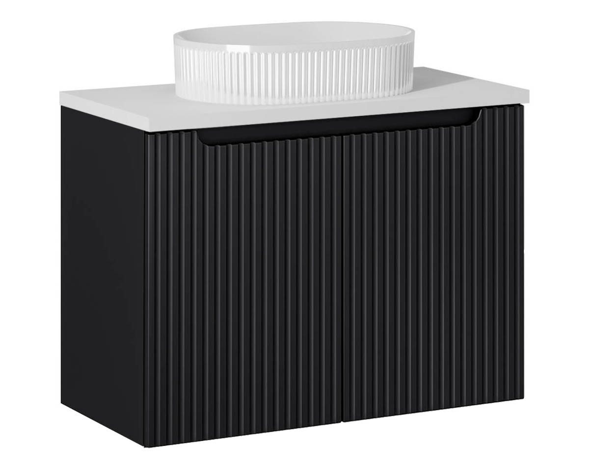 einfachgutemoebel Waschtisch-Set Bad Waschplatz ILUNA Black 80cm mit Türen, Becken Riffel, schwarz wh, (Badmöbel Set, 1-St., Waschtisch Unterschrank) von einfachgutemoebel