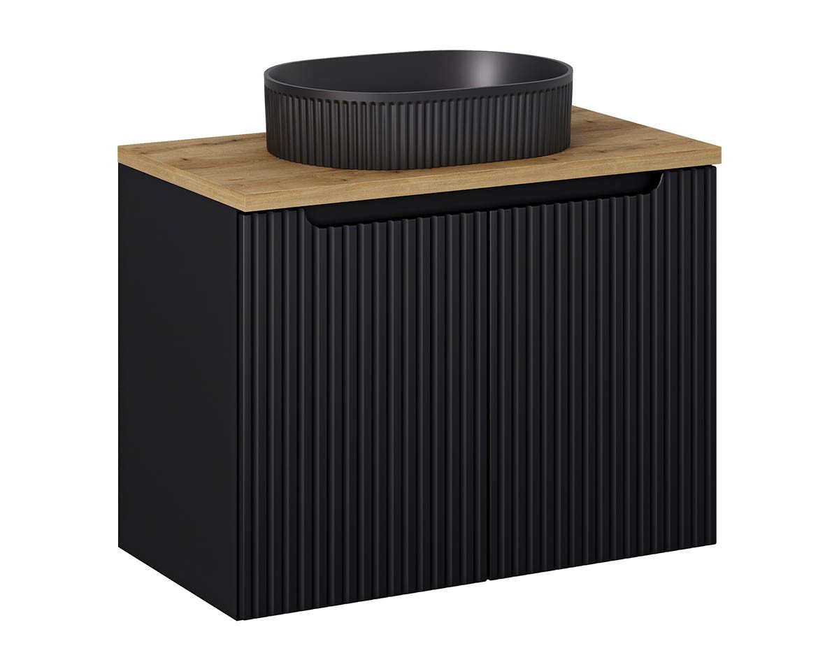 einfachgutemoebel Waschtisch-Set Bad Waschplatz ILUNA Black 80cm mit Türen, Becken rif oak, schwarz, (Badmöbel Set, 1-St., Waschtisch Unterschrank) von einfachgutemoebel