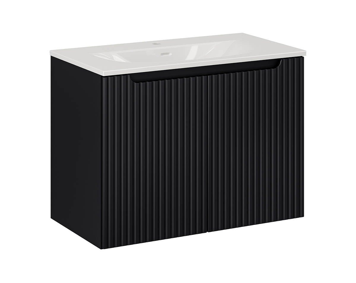 einfachgutemoebel Waschtisch-Set Bad Waschplatz ILUNA Black 80cm mit Türen, Einbaubecken wht, schwarz, (Badmöbel Set, 1-St., Waschtisch Unterschrank) von einfachgutemoebel
