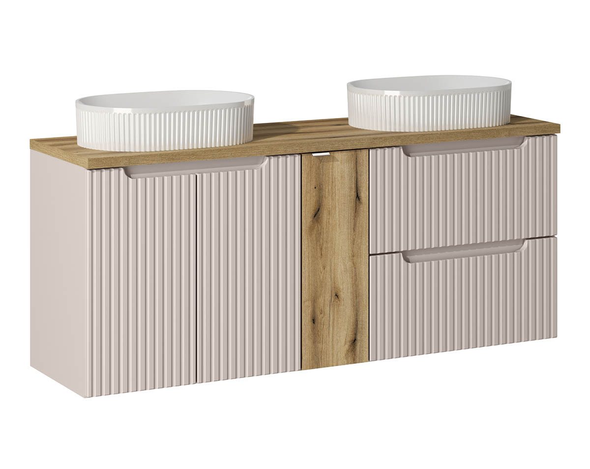 einfachgutemoebel Waschtisch-Set Bad Waschplatz ILUNA Cash 140cm Schub + Türen, Becken oak, Kaschmir, (Badmöbel Set, 1-St., Waschtisch Unterschrank) von einfachgutemoebel