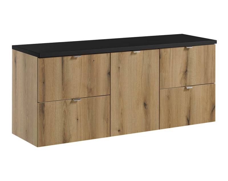 einfachgutemoebel Waschtisch-Set Bad Waschplatz ILUNA Oak 140cm Schubladen, Wäscheklappe blk, eiche, (Badmöbel Set, 1-St., Waschtisch Unterschrank) von einfachgutemoebel