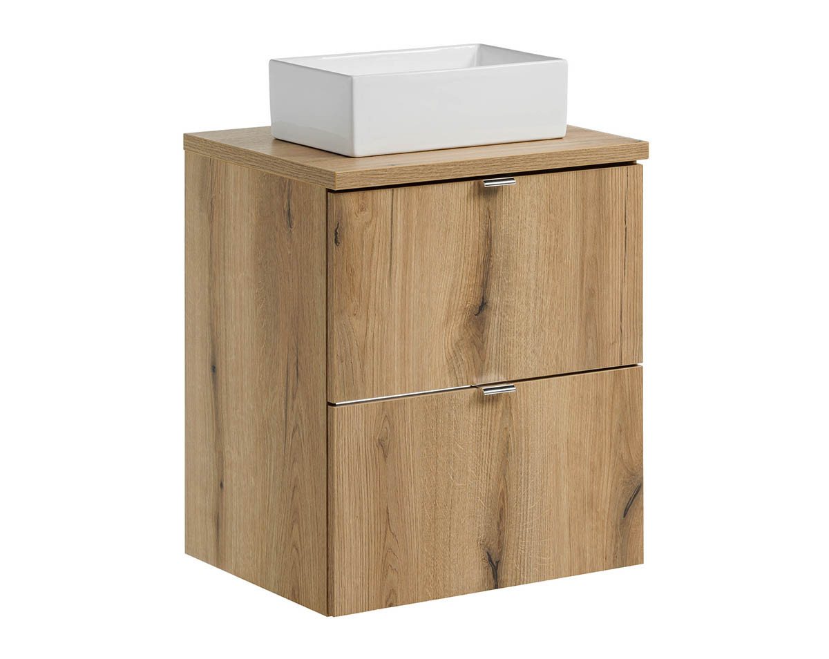 einfachgutemoebel Waschtisch-Set Bad Waschplatz ILUNA Oak 50cm Schubladen, Aufsatzbecken eckig, eiche, (Badmöbel Set, 1-St., Waschtisch Unterschrank) von einfachgutemoebel