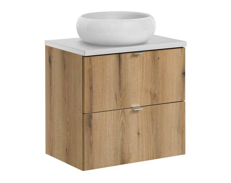 einfachgutemoebel Waschtisch-Set Bad Waschplatz ILUNA Oak 60cm Schubladen, Becken rund, eiche-weiß, (Badmöbel Set, 1-St., Waschtisch Unterschrank) von einfachgutemoebel