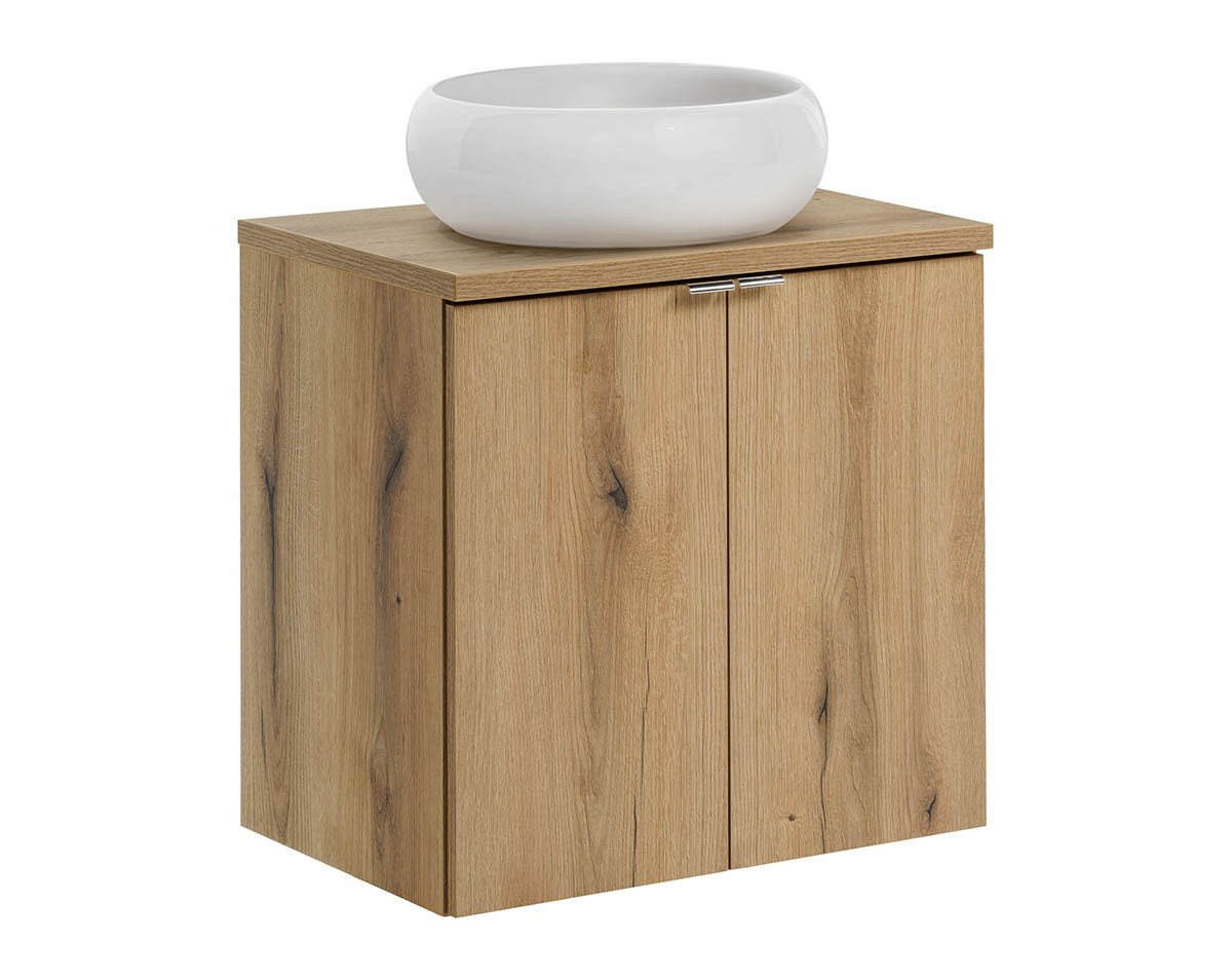 einfachgutemoebel Waschtisch-Set Bad Waschplatz ILUNA Oak 60cm Türen, Becken rund, eiche, (Badmöbel Set, 1-St., Waschtisch Unterschrank) von einfachgutemoebel