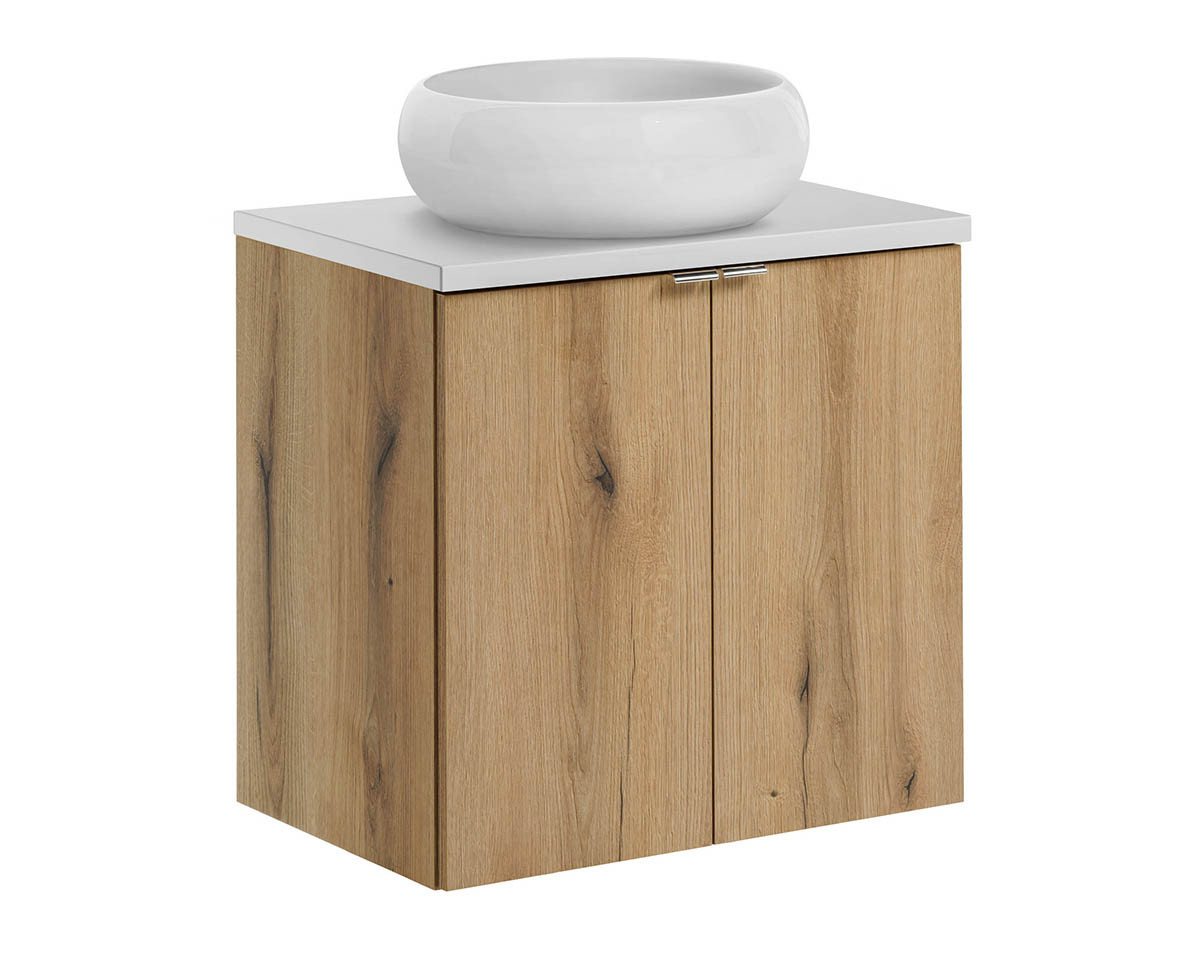 einfachgutemoebel Waschtisch-Set Bad Waschplatz ILUNA Oak 60cm Türen, Becken rund, eiche-weiß, (Badmöbel Set, 1-St., Waschtisch Unterschrank) von einfachgutemoebel