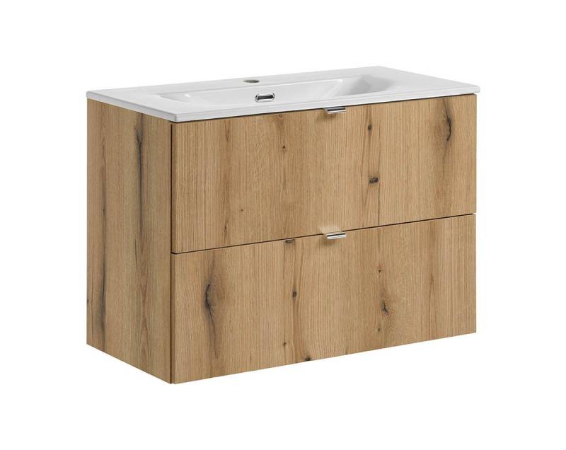 einfachgutemoebel Waschtisch-Set Bad Waschplatz ILUNA Oak 80cm Schubladen, Einbaubecken, eiche, (Badmöbel Set, 1-St., Waschtisch Unterschrank) von einfachgutemoebel