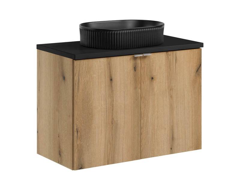 einfachgutemoebel Waschtisch-Set Bad Waschplatz ILUNA Oak 80cm Türen, Becken geriffelt blk, eiche-blk, (Badmöbel Set, 1-St., Waschtisch Unterschrank) von einfachgutemoebel