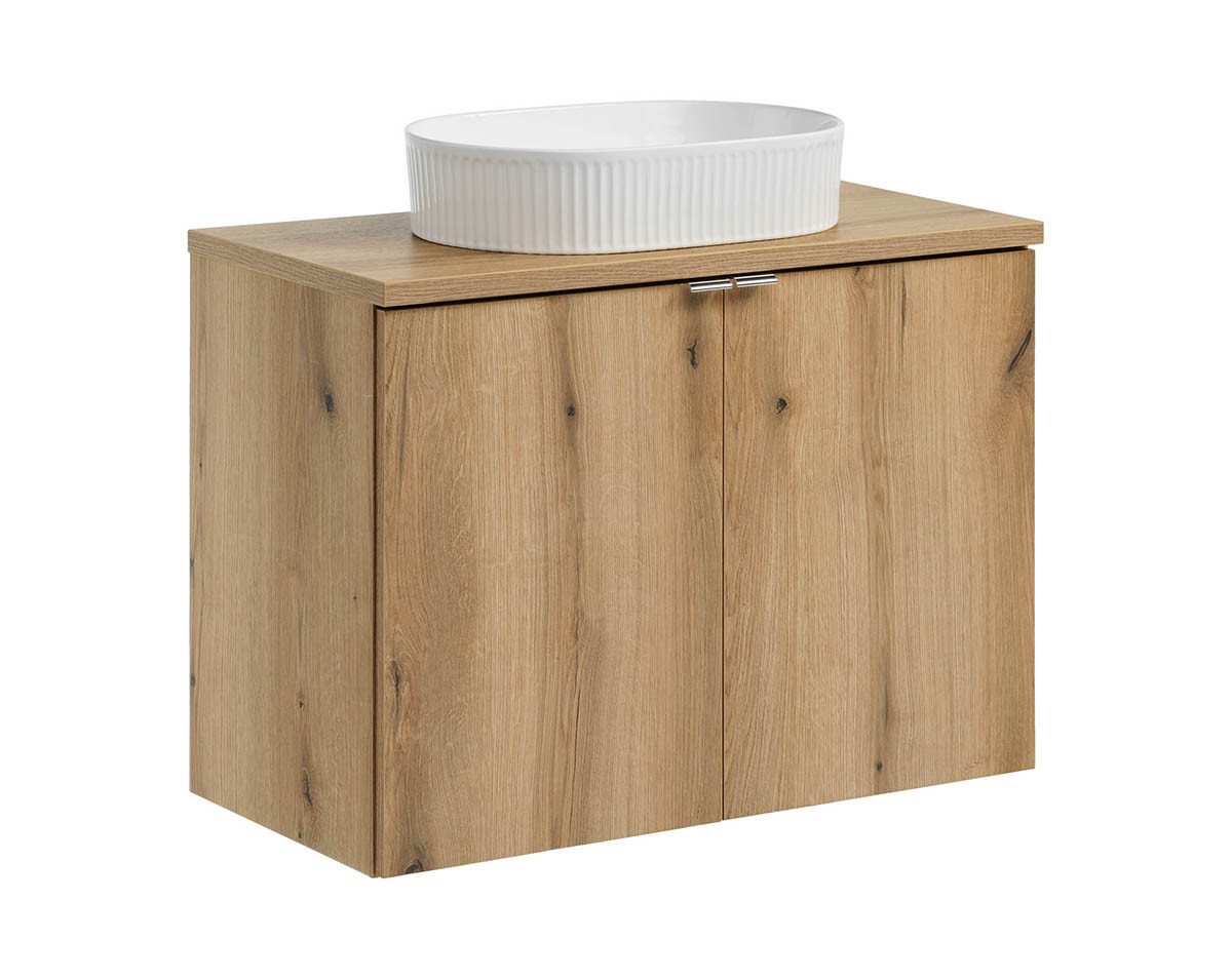 einfachgutemoebel Waschtisch-Set Bad Waschplatz ILUNA Oak 80cm Türen, Becken geriffelt wht, eiche, (Badmöbel Set, 1-St., Waschtisch Unterschrank) von einfachgutemoebel