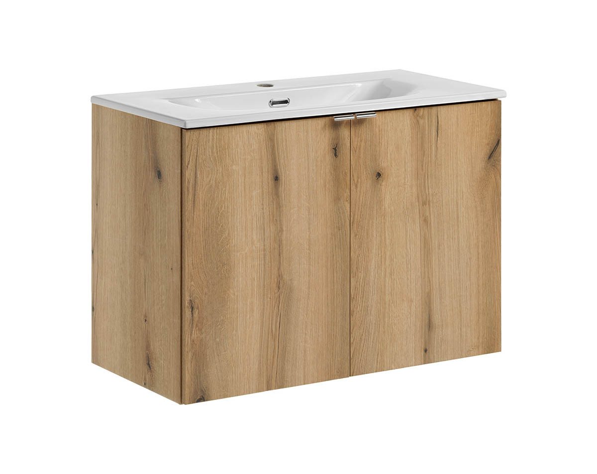 einfachgutemoebel Waschtisch-Set Bad Waschplatz ILUNA Oak 80cm Türen, Einbaubecken, eiche, (Badmöbel Set, 1-St., Waschtisch Unterschrank) von einfachgutemoebel