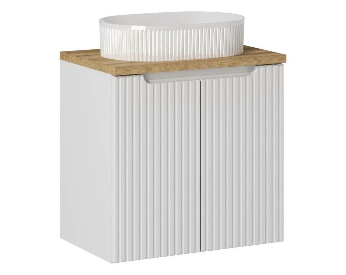 einfachgutemoebel Waschtisch-Set Bad Waschplatz ILUNA White 60cm Türen, Becken Riffel, weiß-oak, (Badmöbel Set, 1-St., Waschtisch Unterschrank) von einfachgutemoebel