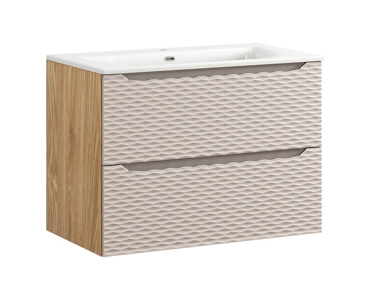 einfachgutemoebel Waschtisch-Set Bad Waschplatz OZEAN Achat 80cm Schubfächer, Becken EB, beige-oak, (Badmöbel Set, 1-St., Waschtisch Unterschrank) von einfachgutemoebel