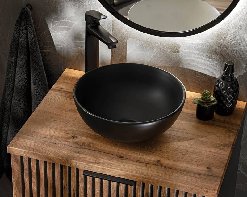 einfachgutemoebel Waschtisch-Set Bad Waschplatz Tribune 60cm, Becken blk matt, Schwarz - Wotan-Eiche, (Badmöbel Set, 1-St., Waschtisch Unterschrank) von einfachgutemoebel
