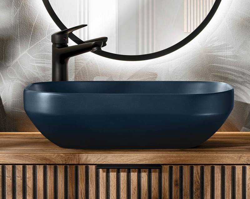 einfachgutemoebel Waschtisch-Set Bad Waschplatz Tribune 80cm, Becken blau matt, Schwarz - Wotan-Eiche, (Badmöbel Set, 1-St., Waschtisch Unterschrank) von einfachgutemoebel