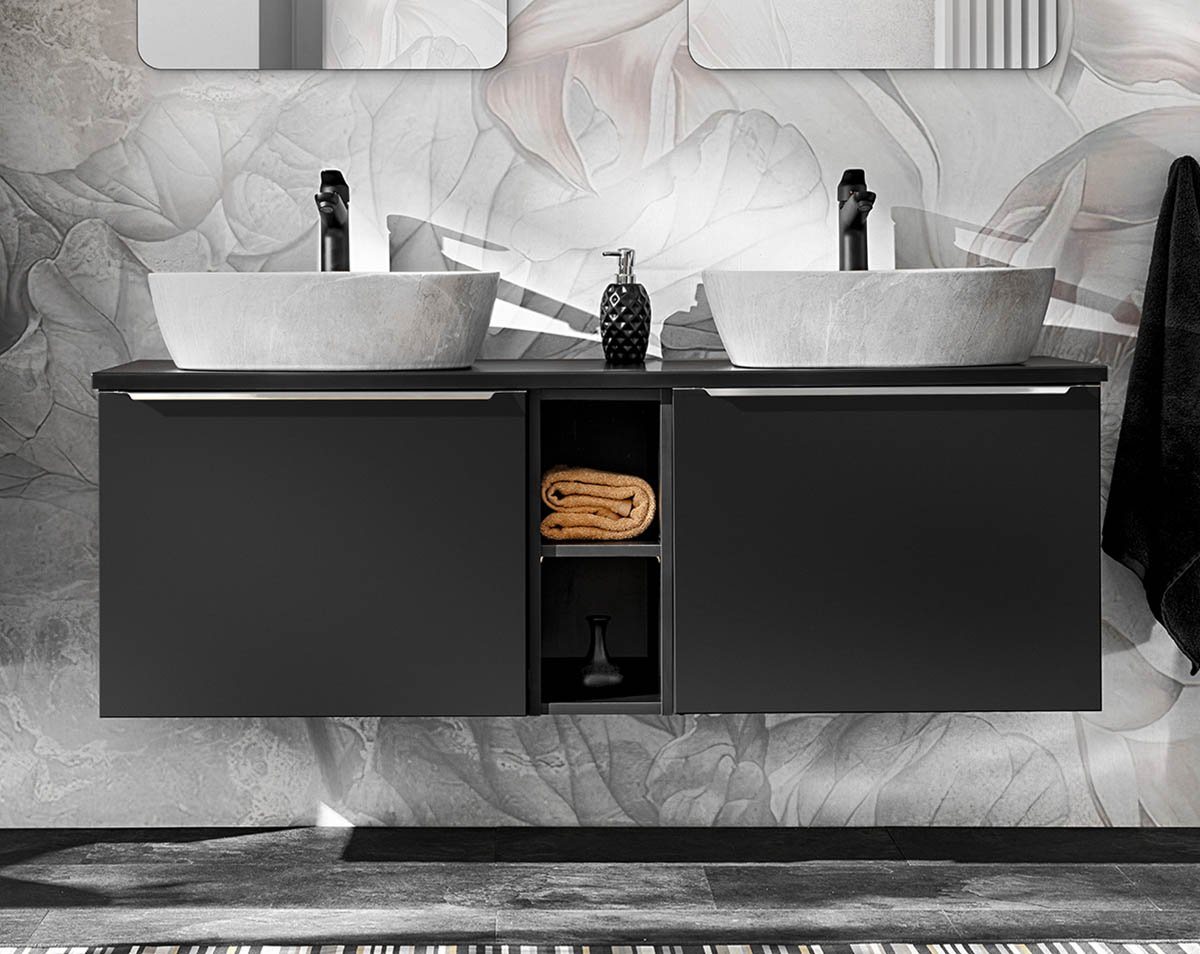einfachgutemoebel Waschtisch-Set Badezimmer Doppel-Waschplatz NOIRETTE 140cm, Aufsatz, schwarz matt, (Badmöbel Set, 1-St., Doppel-Waschtisch Unterschrank) einfachgutemoebel Waschtisch-Set Badezimmer Doppel-Waschplatz NOIRETTE 140cm, Aufsatz, schwarz matt, (Badmöbel Set, 1-St., Doppel-Waschtisch Unterschrank) von einfachgutemoebel