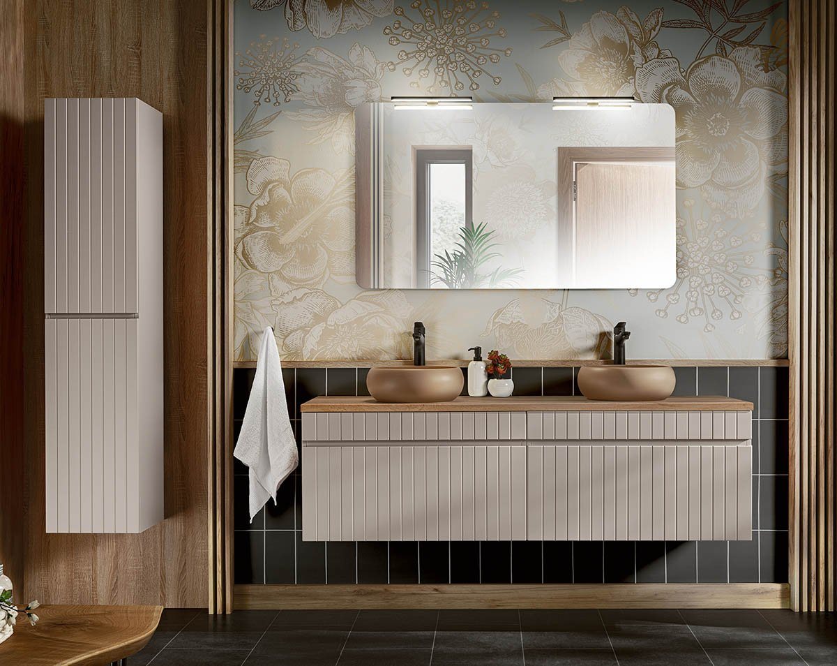 einfachgutemoebel Waschtisch-Set Badezimmer KARATA 160cm Set 3-tlg., mit Aufsatzbecken, kaschmir grey, (Badmöbel Set, 1-St., Waschtisch Set 3-tlg) einfachgutemoebel Waschtisch-Set Badezimmer KARATA 160cm Set 3-tlg., mit Aufsatzbecken, kaschmir grey, (Badmöbel Set, 1-St., Waschtisch Set 3-tlg) von einfachgutemoebel