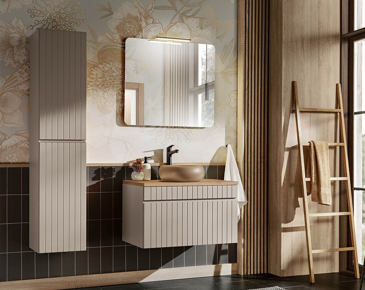 einfachgutemoebel Waschtisch-Set Badezimmer KARATA 80cm Set 3-tlg., mit Aufsatzbecken, kaschmir grey, (Badmöbel Set, 1-St., Waschtisch Set 3-tlg) von einfachgutemoebel
