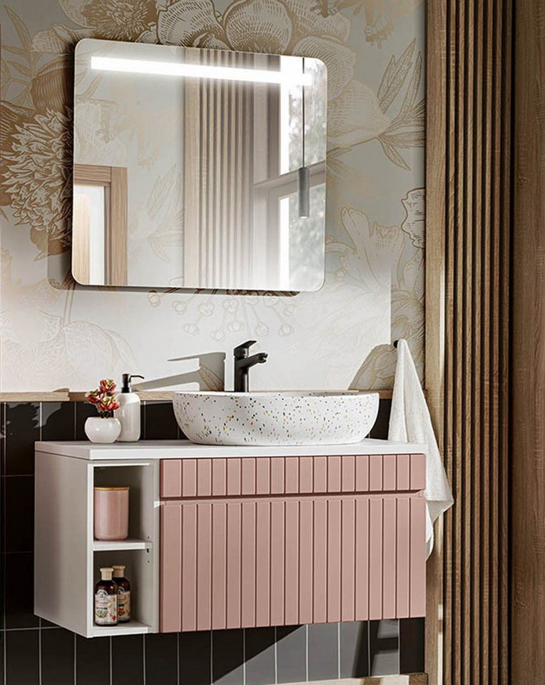 einfachgutemoebel Waschtisch-Set Badezimmer ROSINA 100cm Set 2-tlg., Becken + Regal, rosé-weiß, (Badmöbel Set, 1-St., Waschtisch Set) von einfachgutemoebel
