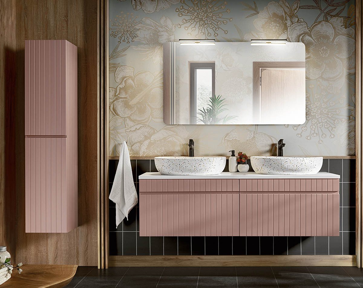 einfachgutemoebel Waschtisch-Set Badezimmer ROSINA 160cm Set 3tlg., Aufsatzbecken, rosé-weiß, (Badmöbel Set, 1-St., Waschtisch Set) von einfachgutemoebel