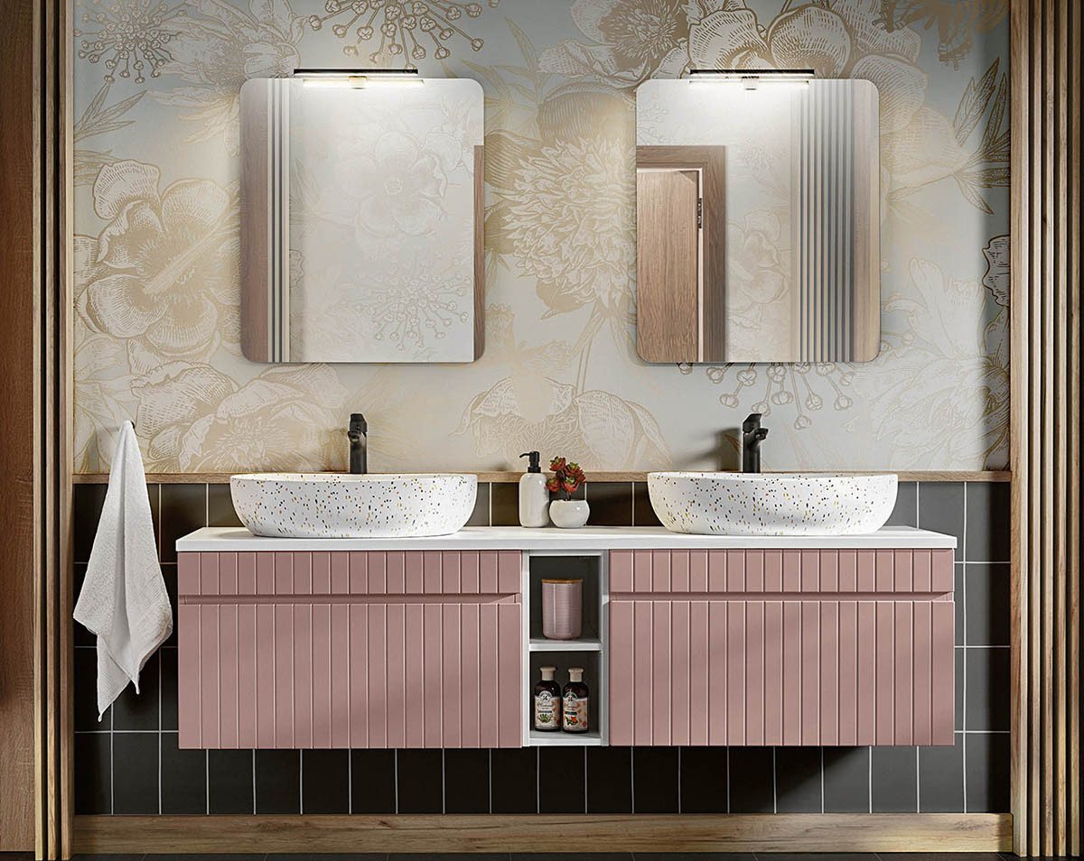 einfachgutemoebel Waschtisch-Set Badezimmer ROSINA 180cm Set 3tlg., Aufsatzbecken, rosé-weiß, (Badmöbel Set, 1-St., Waschtisch Set) von einfachgutemoebel