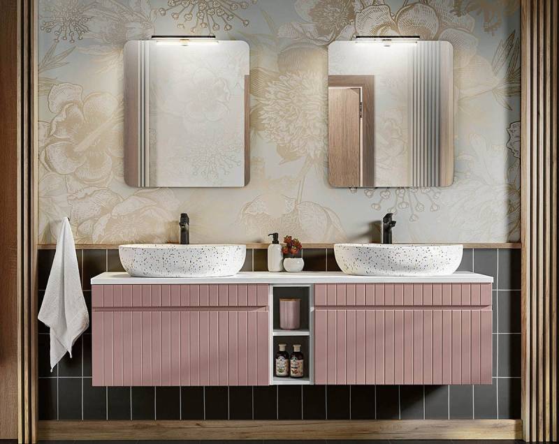 einfachgutemoebel Waschtisch-Set Badezimmer ROSINA 180cm Set 3tlg., Aufsatzbecken, rosé-weiß, (Badmöbel Set, 1-St., Waschtisch Set) von einfachgutemoebel
