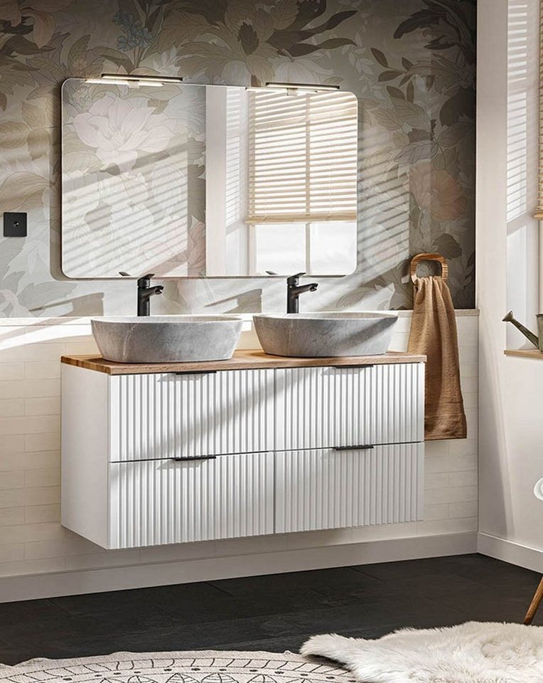 einfachgutemoebel Waschtisch-Set Badezimmer Set 2-teilig Blanchette 120cm, Keramikbecken, weiß-eiche, (Badmöbel Set, 1-St., Waschtisch Set 2-teilig) von einfachgutemoebel