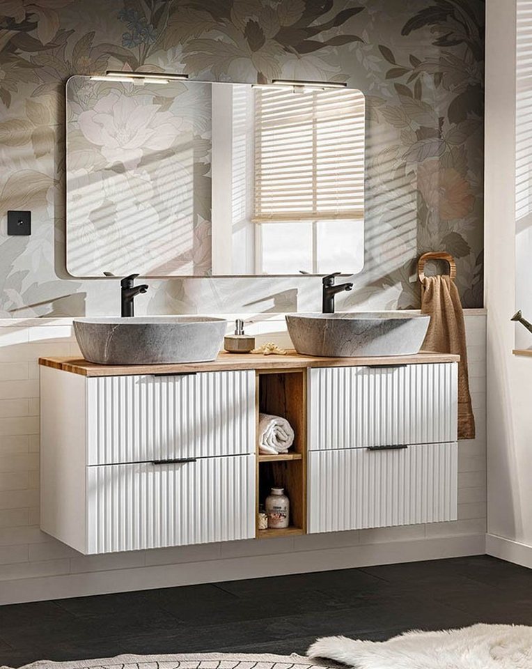 einfachgutemoebel Waschtisch-Set Badezimmer Set 2-teilig Blanchette 140cm, Becken & Regal, weiß-eiche von einfachgutemoebel