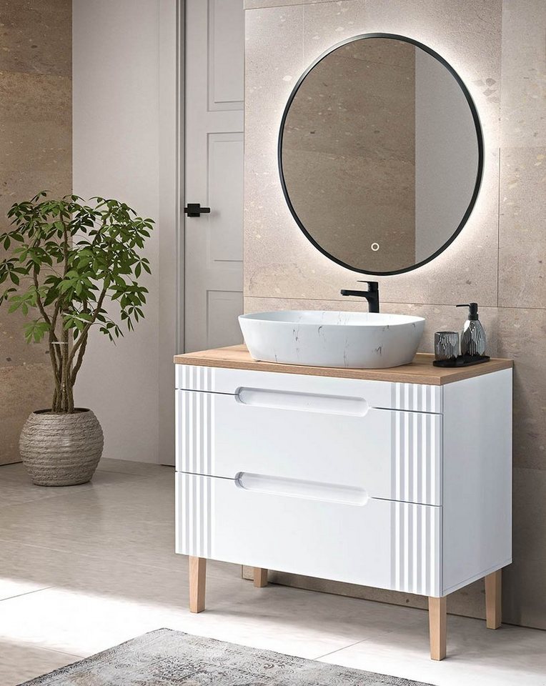 einfachgutemoebel Waschtisch-Set Badezimmer Set 2-teilig Frasciati 100cm, Aufsatzbecken, weiß-eiche von einfachgutemoebel