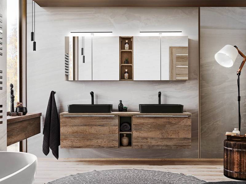 einfachgutemoebel Waschtisch-Set Badezimmer Set 2-teilig OAKLEE 180cm, Becken schwarz, Rauch-Eiche, (Badmöbel Set, 1-St., Waschtisch Unterschrank) von einfachgutemoebel