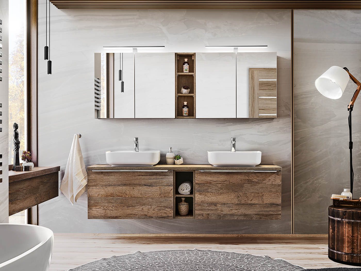 einfachgutemoebel Waschtisch-Set Badezimmer Set 2-teilig OAKLEE 180cm, Becken weiß, Rauch-Eiche, (Badmöbel Set, 1-St., Waschtisch Unterschrank) von einfachgutemoebel