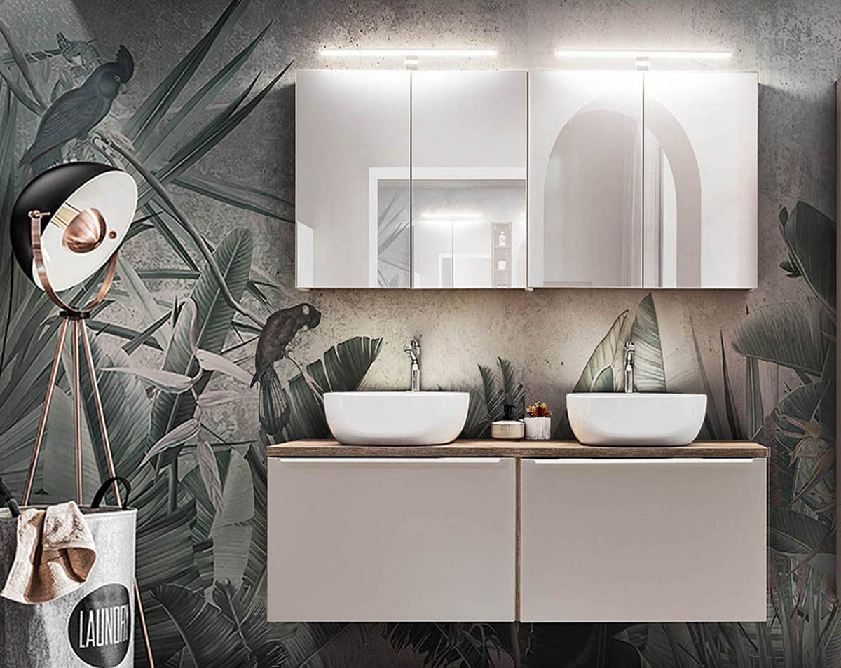 einfachgutemoebel Waschtisch-Set Badezimmer Set 2-teilig TRUFFEAU 120cm, Becken weiß, Trüffel-Eiche, (Badmöbel Set, 1-St., Waschtisch Unterschrank) von einfachgutemoebel