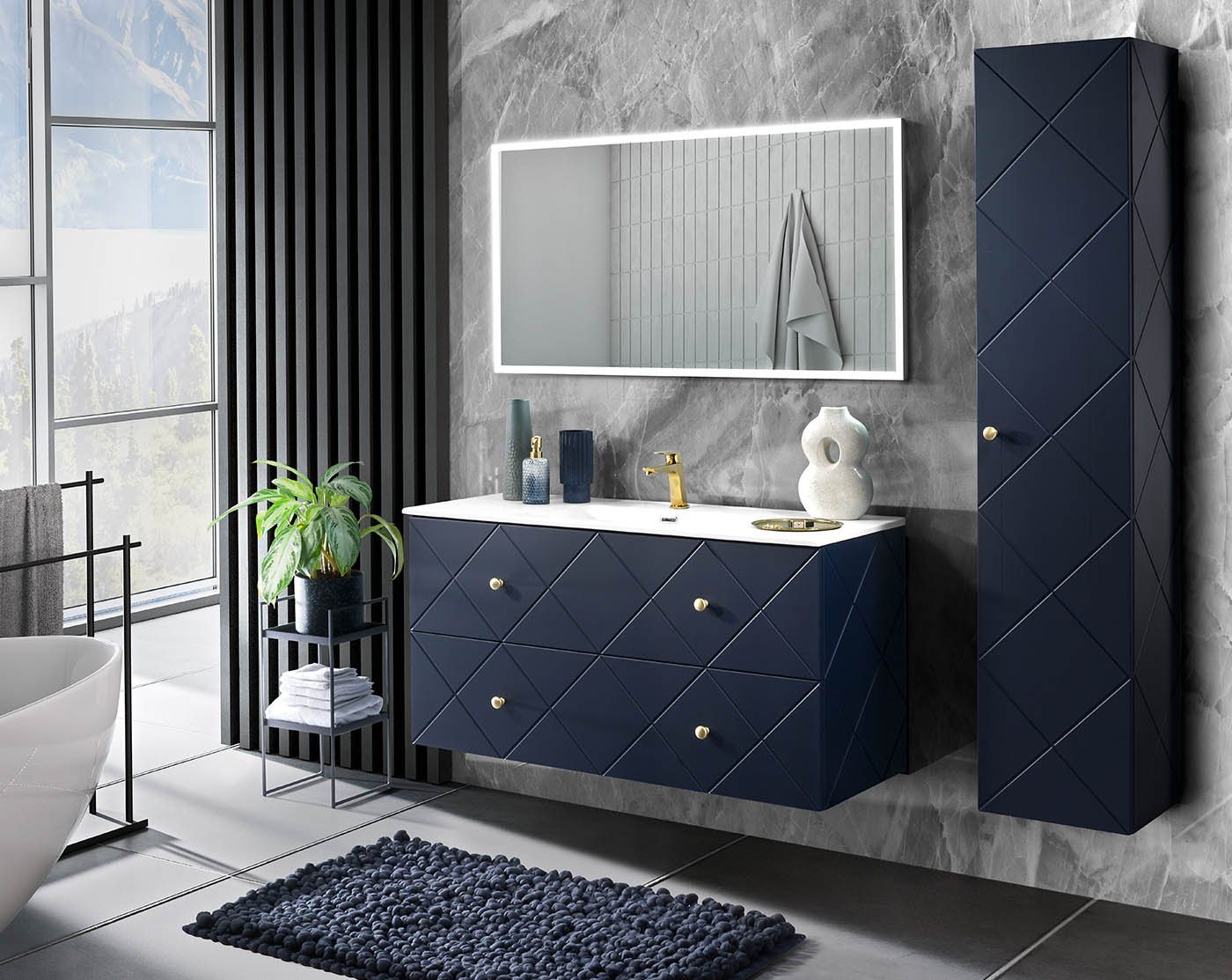 einfachgutemoebel Waschtisch-Set Badezimmer Set 3-teilig BLUMOND 120cm, Einbau-Waschbecken, Dark Blue von einfachgutemoebel