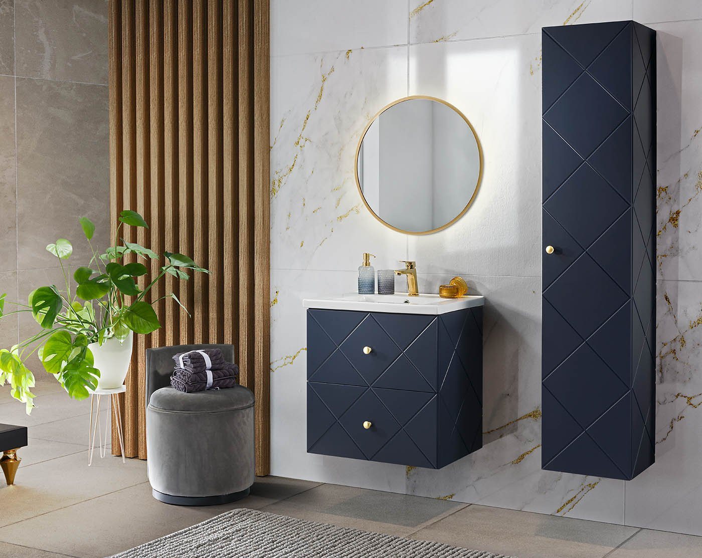 einfachgutemoebel Waschtisch-Set Badezimmer Set 3-teilig BLUMOND 60cm, Einbau-Waschbecken, Dark Blue von einfachgutemoebel