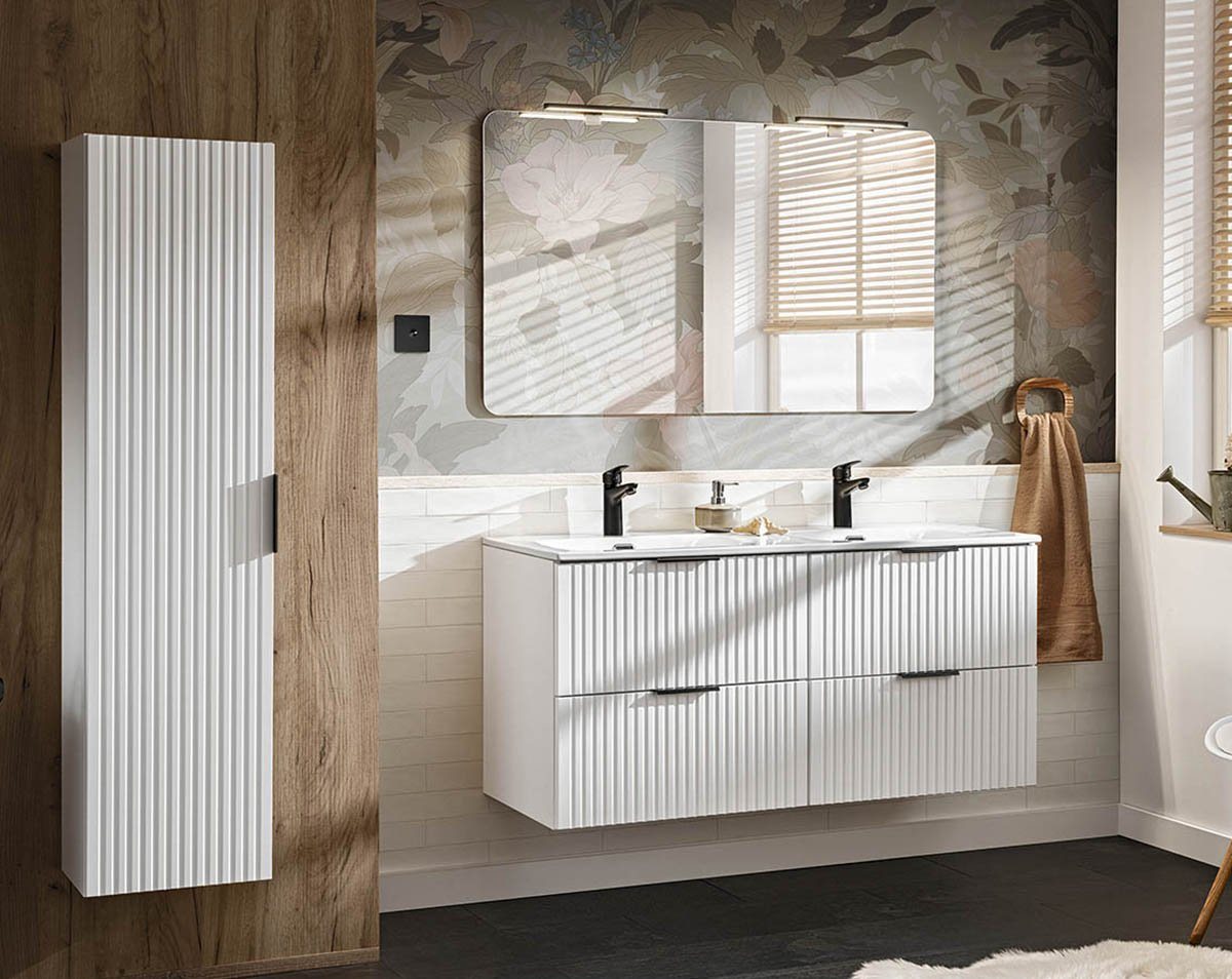 einfachgutemoebel Waschtisch-Set Badezimmer Set 3-teilig Blanchette 120cm, Doppelbecken, weiß-eiche, (Badmöbel Set, 1-St., Waschtisch Set 2-teilig) von einfachgutemoebel