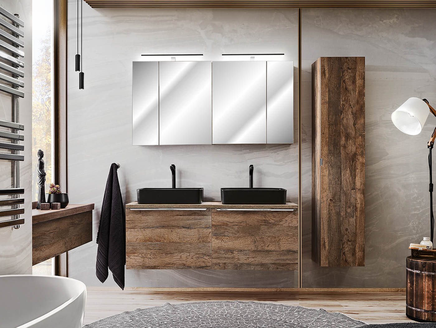 einfachgutemoebel Waschtisch-Set Badezimmer Set 3-teilig OAKLEE 120cm, Becken schwarz, Rauch-Eiche, (Badmöbel Set, 1-St., Waschtisch Unterschrank) von einfachgutemoebel