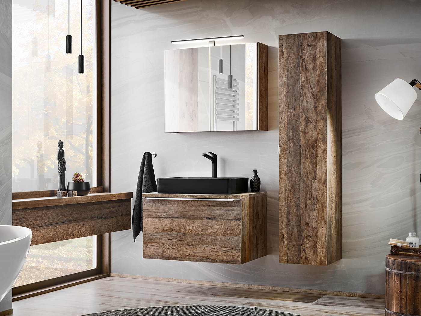 einfachgutemoebel Waschtisch-Set Badezimmer Set 3-teilig OAKLEE 80cm, Aufsatz-Becken, Rauch-Eiche, (Badmöbel Set, 1-St., Waschtisch Unterschrank) von einfachgutemoebel